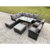 Fimous - Outdoor Rattan Garden Furniture Corner Sofa Set with Oblong Dining Table 2 Big Footstool 2 Armchairs Patio Wicker Rattan Set Dark Grey Mixed