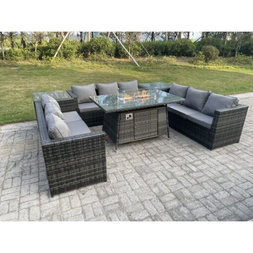 Fimous - Outdoor Rattan Garden Furniture Gas Fire Pit Dining Table Gas Heater Sets Side Tables Dark Mixed Grey 9 Seater