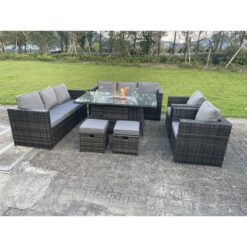 Fimous - Outdoor Rattan Garden Furniture Gas Fire Pit Dining Table Sets Gas Heater Lounge Chairs Small Footstools Dark Mixed Grey 10 Seater