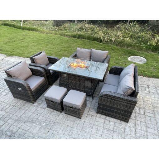 Fimous Outdoor Rattan Garden Furniture High Back Sofa Set Fire Pit Dining Table Gas Heater 2 Recling Chairs 2 Seater Love Sofa Footstools 8 Seater