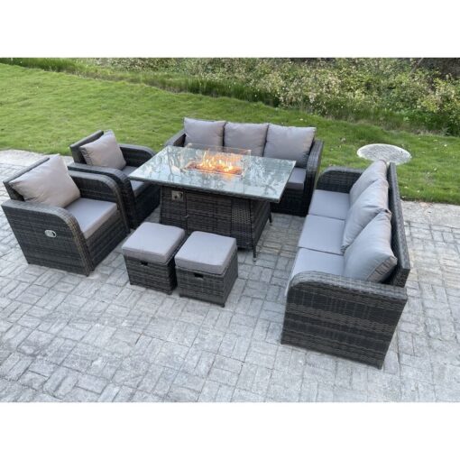 Fimous Outdoor Rattan Garden Furniture High Back Sofa Set Fire Pit Dining Table Gas Heater 2 Recling Chairs 3 Seater Lounge Sofa Footstools 10 Seater