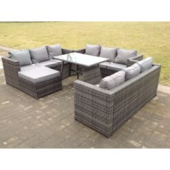 Fimous Outdoor Rattan Garden Furniture Lounge Sofa Set With Oblong Dining Table With Clear Tempered Glass And Big Footstool