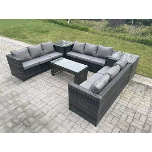 Fimous - Outdoor Rattan Garden Furniture Lounge Sofa Set With Oblong Rectagular Coffee Table And 2 Side Table