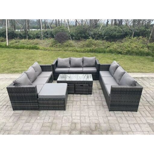 Fimous Outdoor Rattan Garden Furniture Lounge Sofa Set With Oblong Rectagular Coffee Table Big Footstool and 2 Small Stools