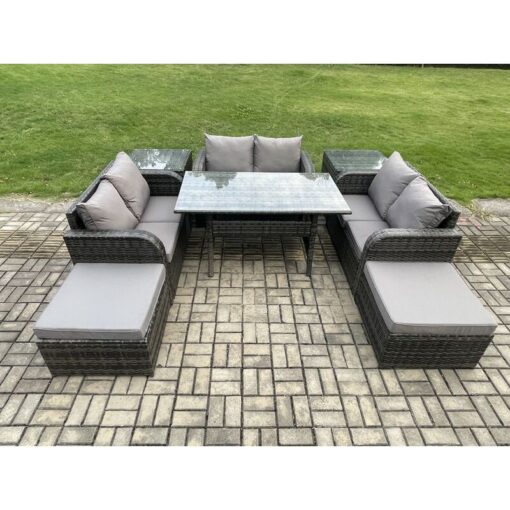 Fimous - Outdoor Rattan Garden Furniture Lounge Sofa Set With Oblong Rectangular Dining Table 2 Big Footstool 2 Side Tables