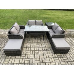 Fimous - Outdoor Rattan Garden Furniture Lounge Sofa Set With Oblong Rectangular Dining Table 2 Big Footstool Side Table