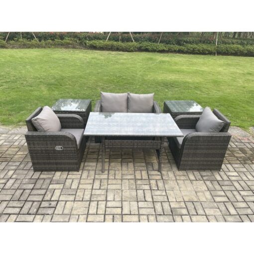 Fimous - Outdoor Rattan Garden Furniture Lounge Sofa Set With Oblong Rectangular Dining Table 2 pc Reclining Chair 2 pc Side Tables