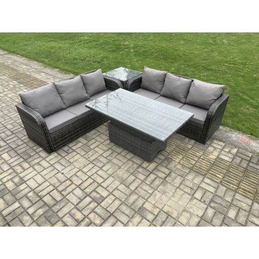 Fimous - Outdoor Rattan Garden Furniture Lounge Sofa Set with Height Adjustable Rising lifting Dining Table Dark Grey Mixed