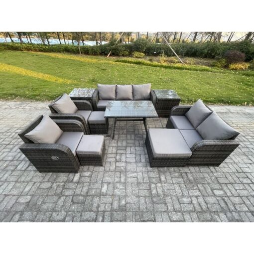 Fimous - Outdoor Rattan Garden Furniture Set 10 Seater Patio Lounge Sofa Set with Dining Table 3 Footstools 2 Side Tables Dark Grey Mixed