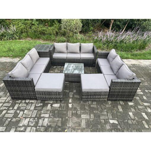 Fimous Outdoor Rattan Garden Furniture Set 11 Seater Patio Lounge Sofa Set with Side Table Square Coffee Table 2 Big Footstool Dark Grey Mixed