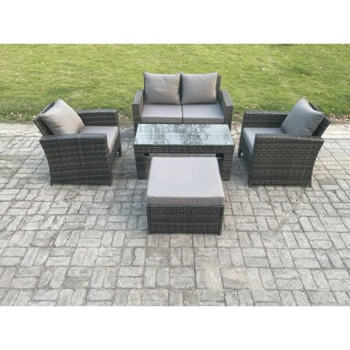 Fimous Outdoor Rattan Garden Furniture Set 5 Seater Patio Lounge Sofa Set with Coffee Table Big Footstool Dark Grey Mixed