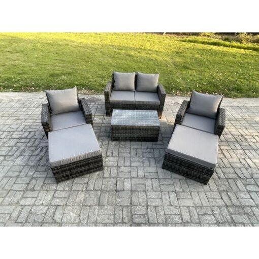 Fimous Outdoor Rattan Garden Furniture Set 6 Seater Patio Lounge Sofa Set with Coffee Table 2 Big Footstool Dark Grey Mixed