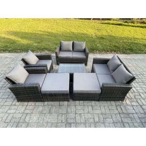 Fimous Outdoor Rattan Garden Furniture Set 8 Seater Patio Lounge Sofa Set with Coffee Table 2 Big Footstool Dark Grey Mixed