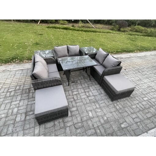 Fimous Outdoor Rattan Garden Furniture Set 8 Seater Patio Love Sofa Set with Rectangular Dining Table 2 Big Footstool 2 Side Tables Dark Grey Mixed