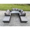 Fimous Outdoor Rattan Garden Furniture Set 8 Seater Patio Love Sofa Set with Rectangular Dining Table 2 Big Footstool Side Table Dark Grey Mixed