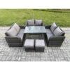 Fimous Outdoor Rattan Garden Furniture Set 8 Seater Patio Love Sofa Set with Rectangular Dining Table 2 Small Footstool Dark Grey Mixed