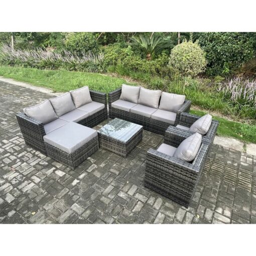 Fimous - Outdoor Rattan Garden Furniture Set 9 Seater Patio Lounge Sofa Set with Armchair Square Coffee Table Big Footstool Dark Grey Mixed