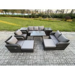 Fimous - Outdoor Rattan Garden Furniture Set 9 Seater Patio Lounge Sofa Set with Dining Table 2 Big Footstool 2 Side Tables Dark Grey Mixed