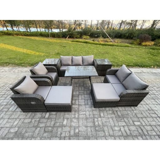 Fimous - Outdoor Rattan Garden Furniture Set 9 Seater Patio Lounge Sofa Set with Dining Table 2 Big Footstool 2 Side Tables Dark Grey Mixed