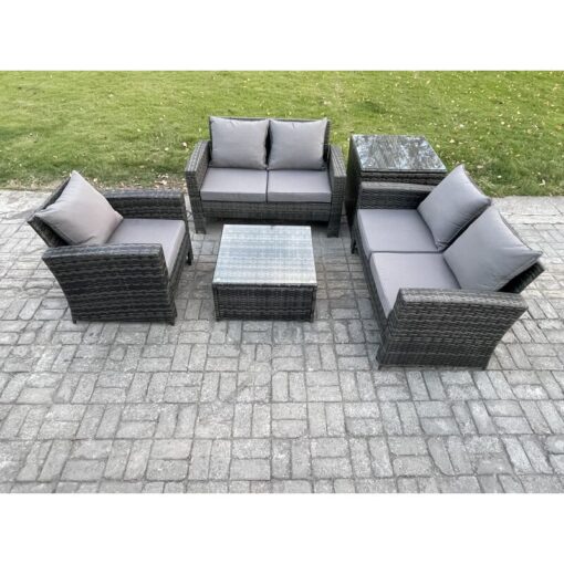 Fimous - Outdoor Rattan Garden Furniture Set Conservatory Patio Sofa Coffee Table Set with Chair Side Table Dark Grey Mixed