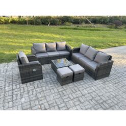 Fimous Outdoor Rattan Garden Furniture Set Conservatory Patio Sofa Coffee Table With Reclining Chair 2 Small Footstools Dark Grey Mixed