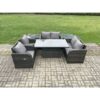 Fimous Outdoor Rattan Garden Furniture Set Patio Height Adjustable Rising lifting Dining Table Love Sofa With 2 Side Tables