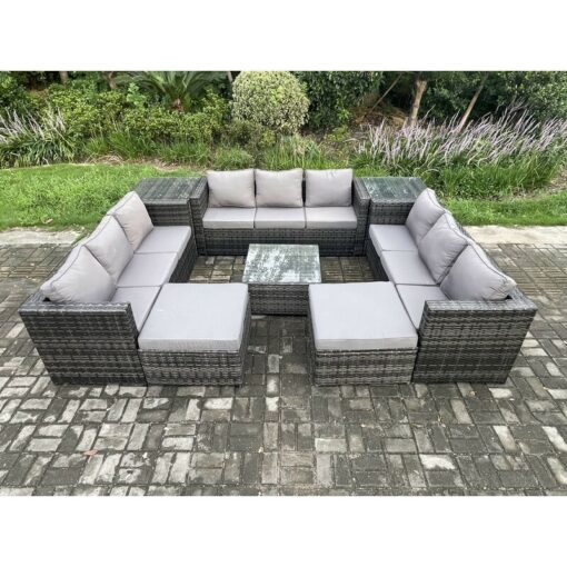 Fimous - Outdoor Rattan Garden Furniture Set Patio Lounge Sofa Set with 2 Side Tables Square Coffee Table 2 Big Footstool Dark Grey Mixed