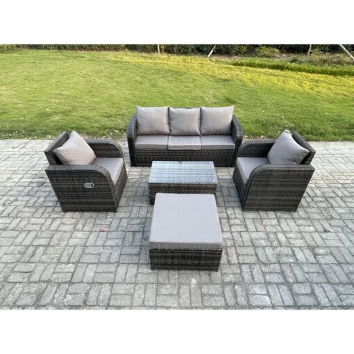 Fimous Outdoor Rattan Garden Furniture Set Patio Lounge Sofa Set with Reclining Chair Rectangular Coffee Table Big Footstool Dark Grey Mixed