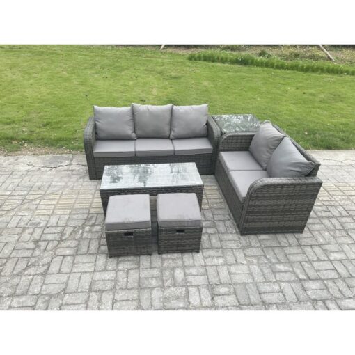 Fimous Outdoor Rattan Garden Furniture Set Patio Lounge Sofa Set with Rectangular Coffee Table Side Table 2 Small Footstools Dark Grey Mixed