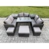 Fimous Outdoor Rattan Garden Furniture Set Patio Love Sofa Set with Rectangular Dining Table 3 Footstools 2 Side Tables Dark Grey Mixed