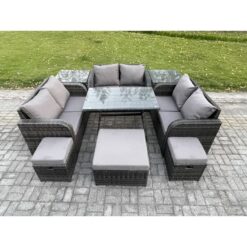 Fimous Outdoor Rattan Garden Furniture Set Patio Love Sofa Set with Rectangular Dining Table 3 Footstools 2 Side Tables Dark Grey Mixed