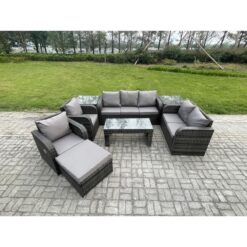 Fimous Outdoor Rattan Garden Furniture Set Rattan Lounge Sofa Set with Rectangular Coffee Table 2 Side Tables Big Footstool Dark Grey Mixed