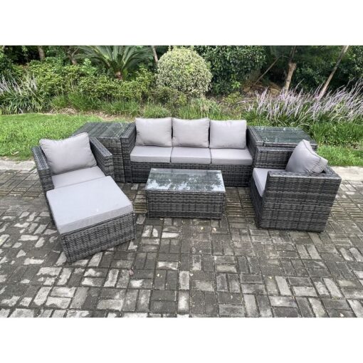 Fimous - Outdoor Rattan Garden Furniture Set with 3 Seater Sofa Coffee Table 2 Side Tables 2 Armchairs Big Footstool Patio Lounge Sofa Set Dark Grey