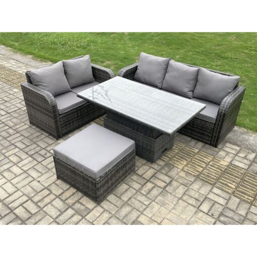 Fimous - Outdoor Rattan Garden Furniture Sets Height Adjustable Rising lifting Dining Table Lounge Sofa Set With Big Footstool Dark Grey Mixed