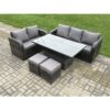 Fimous - Outdoor Rattan Garden Furniture Sets Height Adjustable Rising lifting Dining Table Lounge Sofa Set With Love Sofa 2 Small Footstools Dark