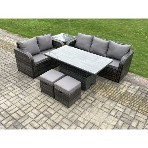 Fimous Outdoor Rattan Garden Furniture Sets Height Adjustable Rising lifting Dining Table Lounge Sofa Set With Side Table 2 Small Footstools Dark