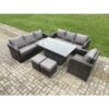 Fimous - Outdoor Rattan Garden Furniture Sets Height Adjustable Rising lifting Dining Table Sofa Set with Reclining Chair 2 Small Footstool Dark Grey