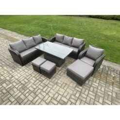 Fimous - Outdoor Rattan Garden Furniture Sets Height Adjustable Rising lifting Dining Table Sofa Set with Reclining Chair 3 Footstools Dark Grey Mixed