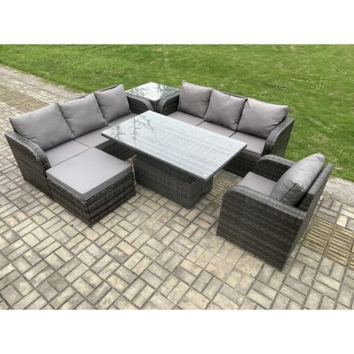 Fimous - Outdoor Rattan Garden Furniture Sets Height Adjustable Rising lifting Dining Table Sofa Set with Reclining Chair Big Footstool Side Table