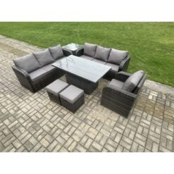 Fimous - Outdoor Rattan Garden Furniture Sets Height Adjustable Rising lifting Dining Table Sofa Set with Reclining Chair Side Table 2 Small