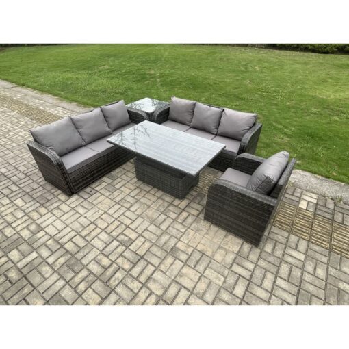 Fimous - Outdoor Rattan Garden Furniture Sets Height Adjustable Rising lifting Dining Table Sofa Set with Reclining Chair Side Table Dark Grey Mixed