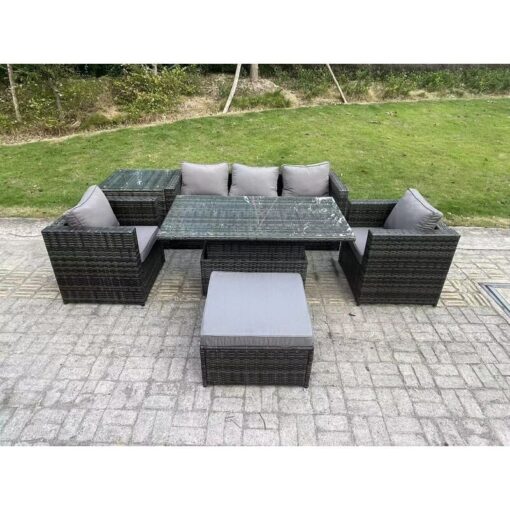 Fimous - Outdoor Rattan Garden Furniture Sofa Set Adjustable Rising Lifting Dining Table Set with Side Table 2 Armchairs Big Footstool Dark Grey Mixed