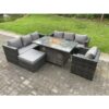 Fimous - Outdoor Rattan Garden Furniture Sofa Set Gas Fire Pit Dining Table Gas Heater Burner With Armchair Big Footstool 8 Seater Dark Grey Mixed