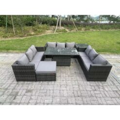 Fimous - Outdoor Rattan Garden Furniture Sofa Set Patio Adjustable Rising Lifting Dining Table Set with Side Table Big Footstool 10 Seater Dark Grey