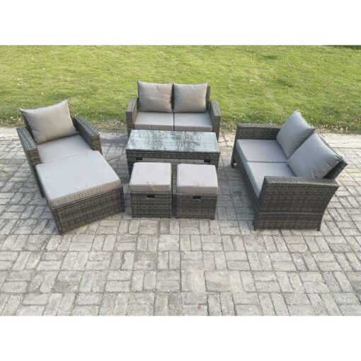 Fimous Outdoor Rattan Patio Furniture Set Garden Lounge Sofa Set with 3 Footstools Coffee Table Dark Grey Mixed