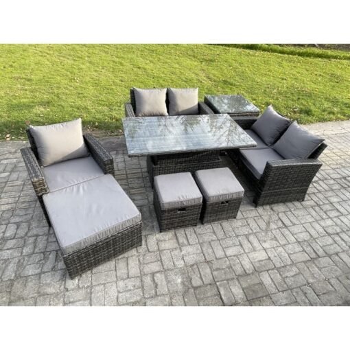 Fimous Outdoor Rattan Patio Furniture Set Garden Lounge Sofa Set with Rising Lifting Table Side Table 3 Footstools Dark Grey Mixed