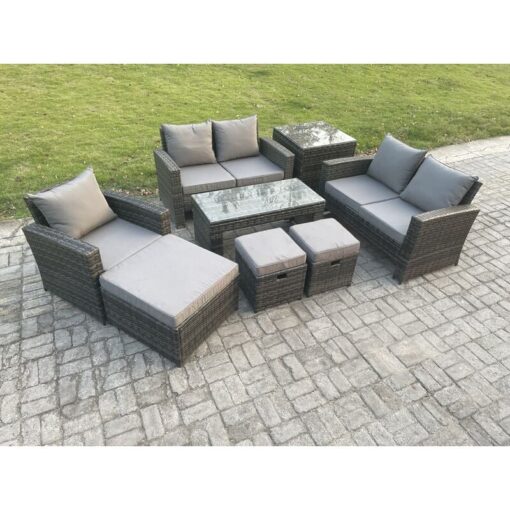 Fimous Outdoor Rattan Patio Furniture Set Garden Lounge Sofa Set with Side Table 3 Footstools Coffee Table Dark Grey Mixed