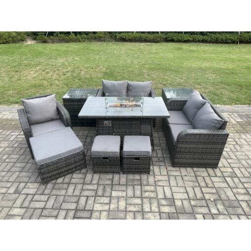 Fimous Outdoor Sofa Rattan Garden Furniture Set Patio Gas Fire Pit Dining Table and Reclining Chair set with 2 Side Tables 3 Footstools Dark Grey