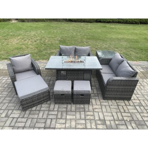 Fimous Outdoor Sofa Rattan Garden Furniture Set Patio Gas Fire Pit Dining Table and Reclining Chair set with Side Table 3 Footstools Dark Grey Mixed