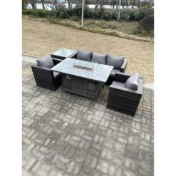 Fimous - Outdoor pe Rattan Garden Furniture Gas Fire Pit Dining Table Armchairs With Side Coffee Table Dark Grey Mixed